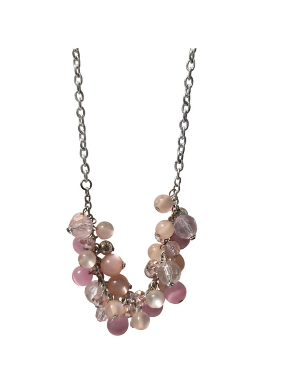 Retro Cluster Beaded Necklace Peach Pink Beads Silver Tone Chain Fashion Jewelry